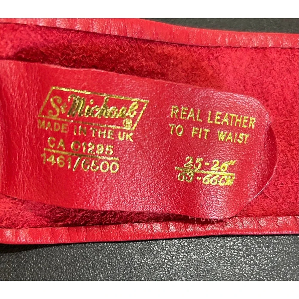 VTG St Michael Leather Belt Women 25-26 XS Red Wide Cinch Waist Sash UK Chic 90s